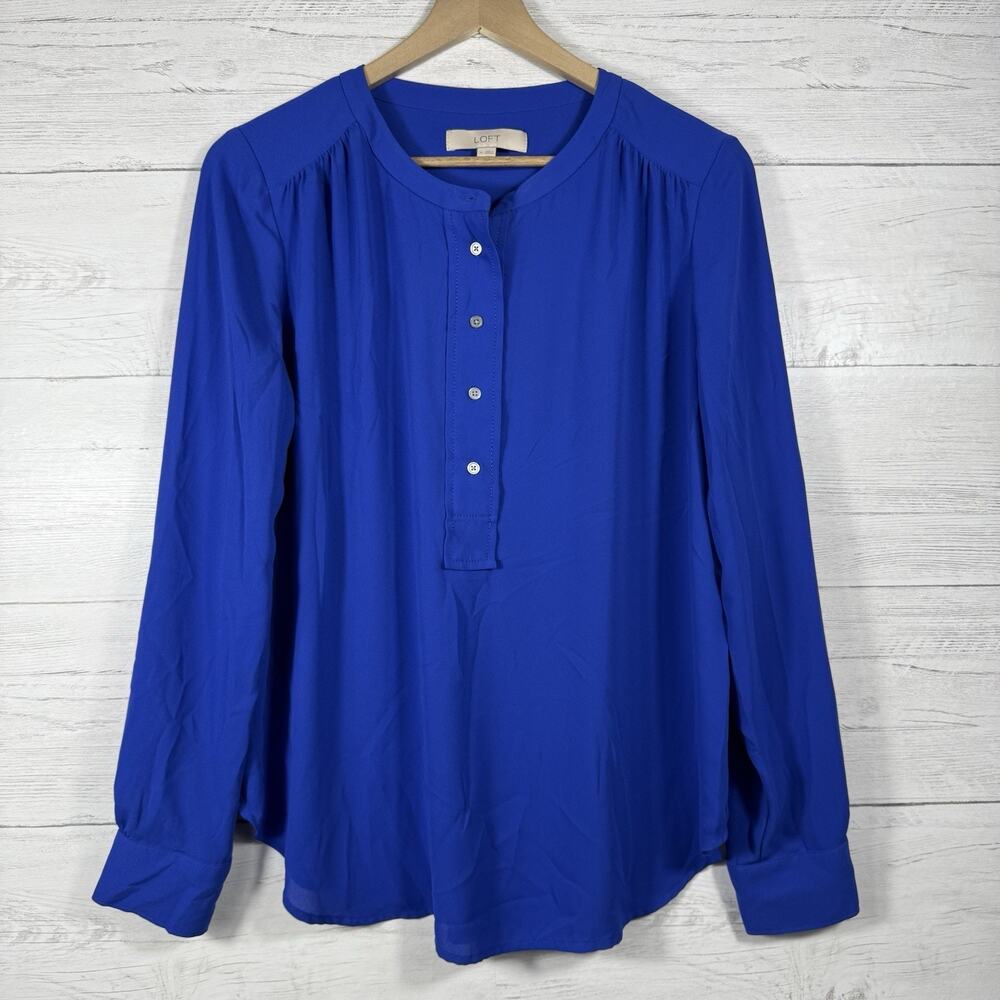 Loft Womens Size Medium Blue Chiffon Long Sleeve Blouse Business Casual